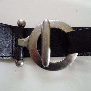 GENUINE BLACK LEATHER WOMENS BOHEMIAN STILE BELT SILVER BUCKLE  SIZE S